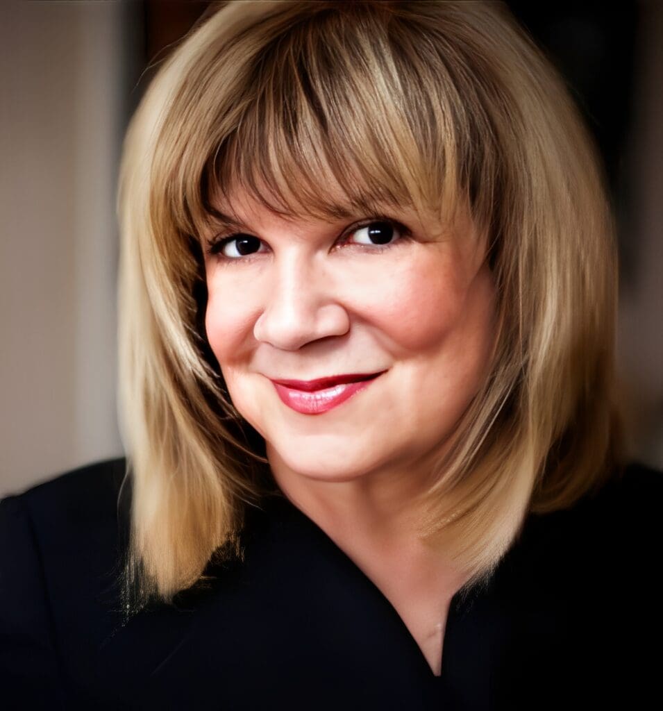 Smiling woman with blonde hair and bangs.