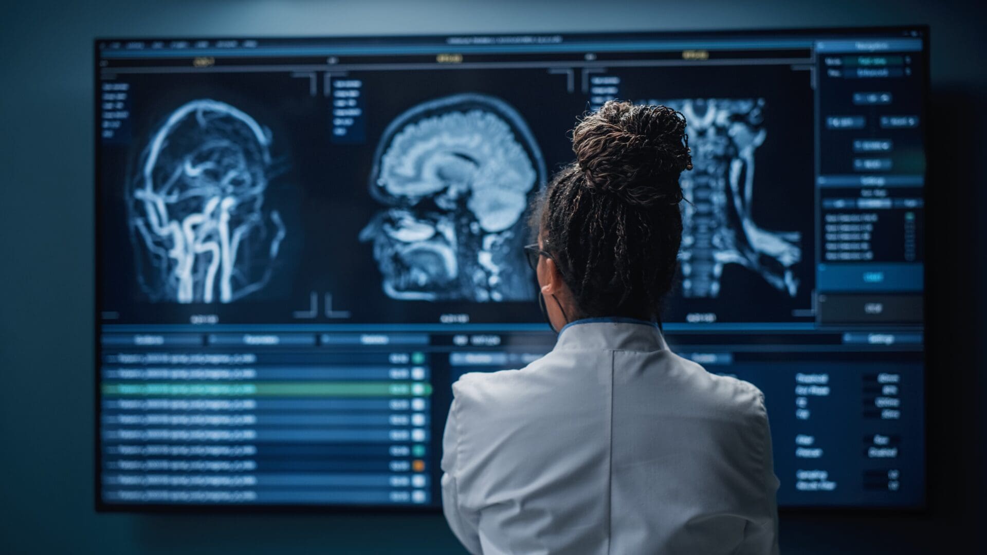 researcher looking at brain scans